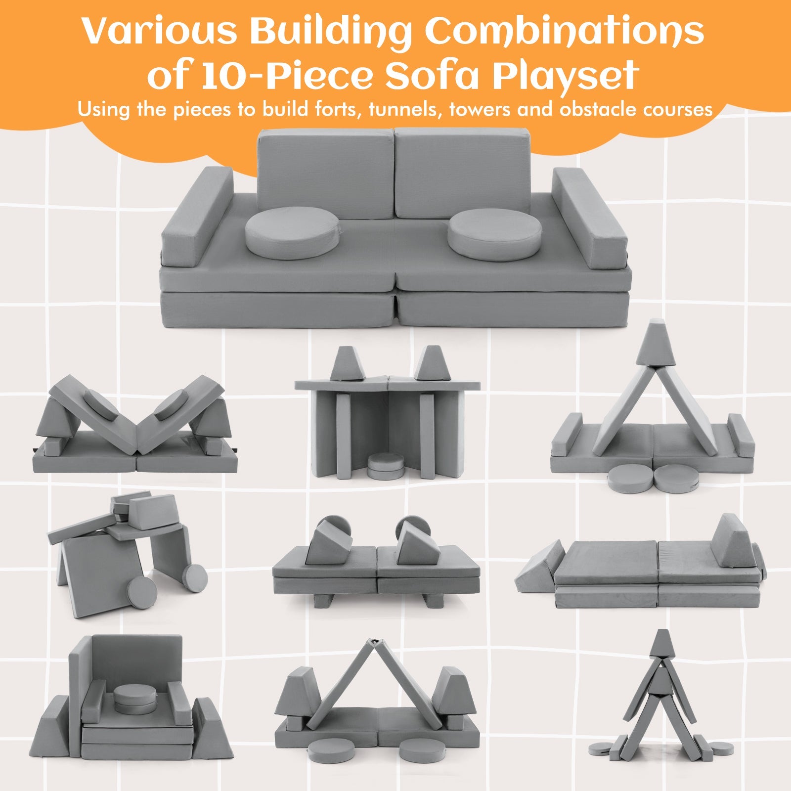 10-Piece Kids Play Couch Sofa with Portable Handle-Gray