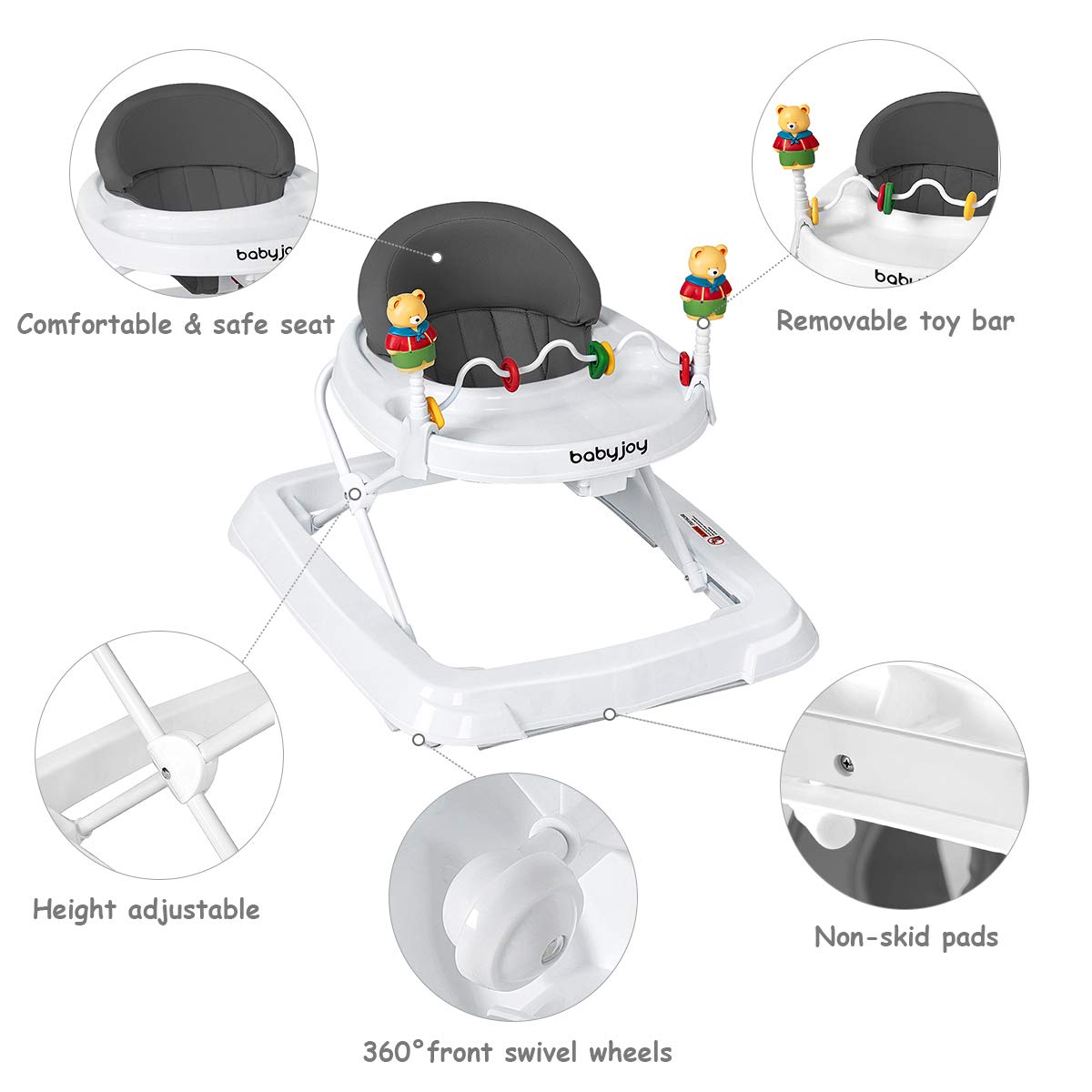 Adjustable Height Removable Folding Portable Baby Walker-Gray