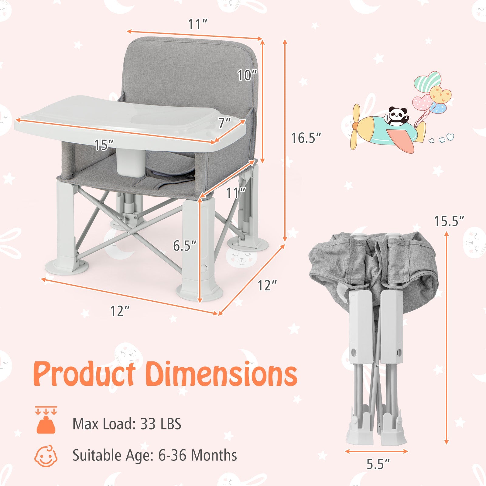 Portable Baby Booster Seat with Straps and Double Tray-Gray
