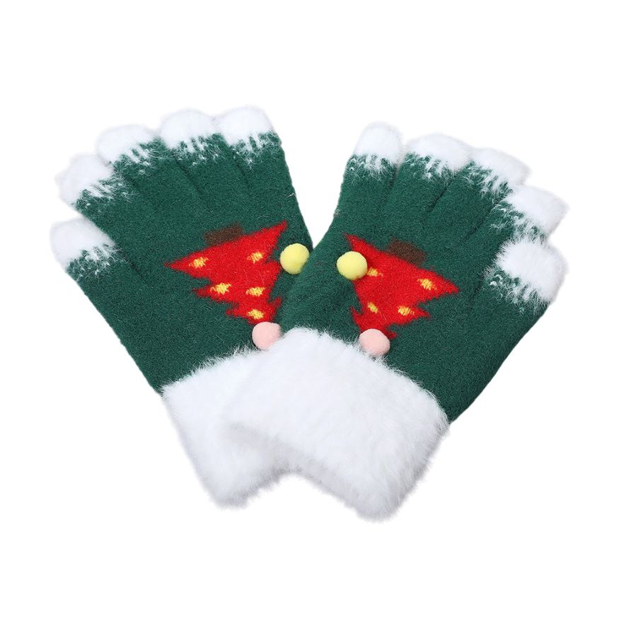 Cozy Fuzzy Pom Pom Christmas Tree Accent Winter Gloves