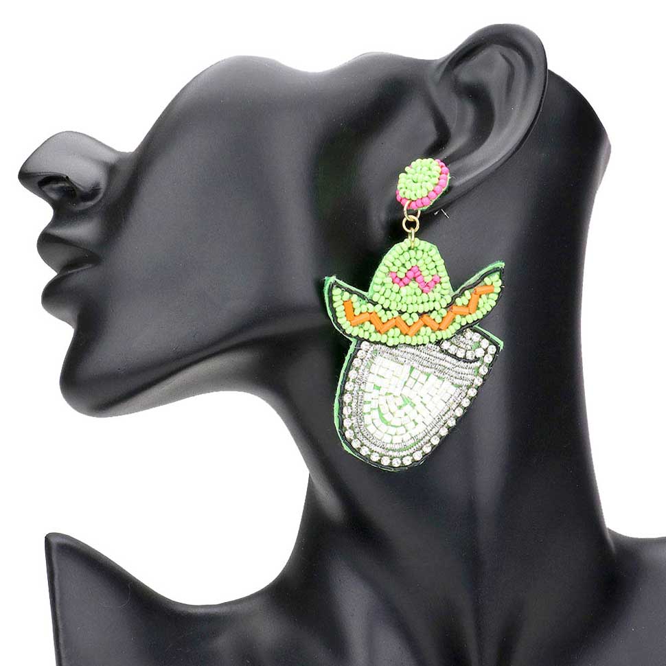 Felt Back Seed Beaded Cowboy Hat Accented Dangle Earrings