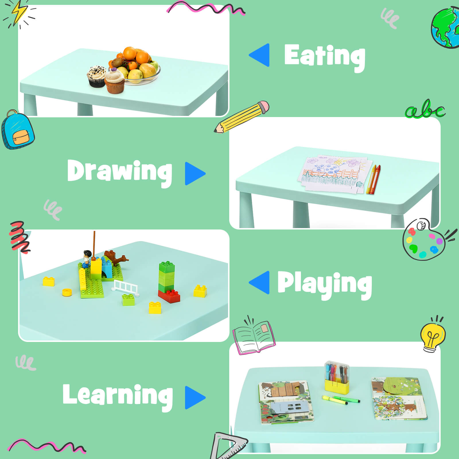 3 Pieces Toddler Multi Activity Play Dining Study Kids Table and Chair Set-Green
