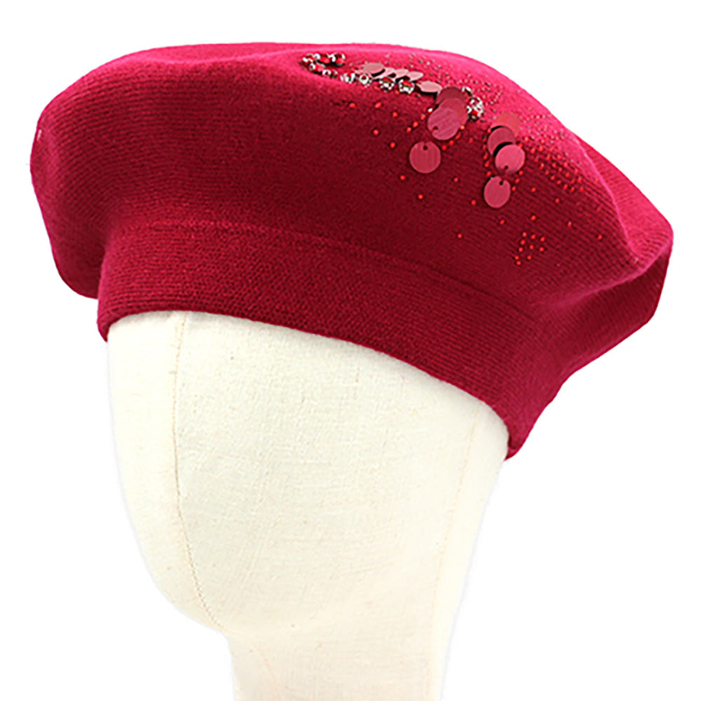 Decorative Sequin Rhinestone Embellished Winter Beret Hat