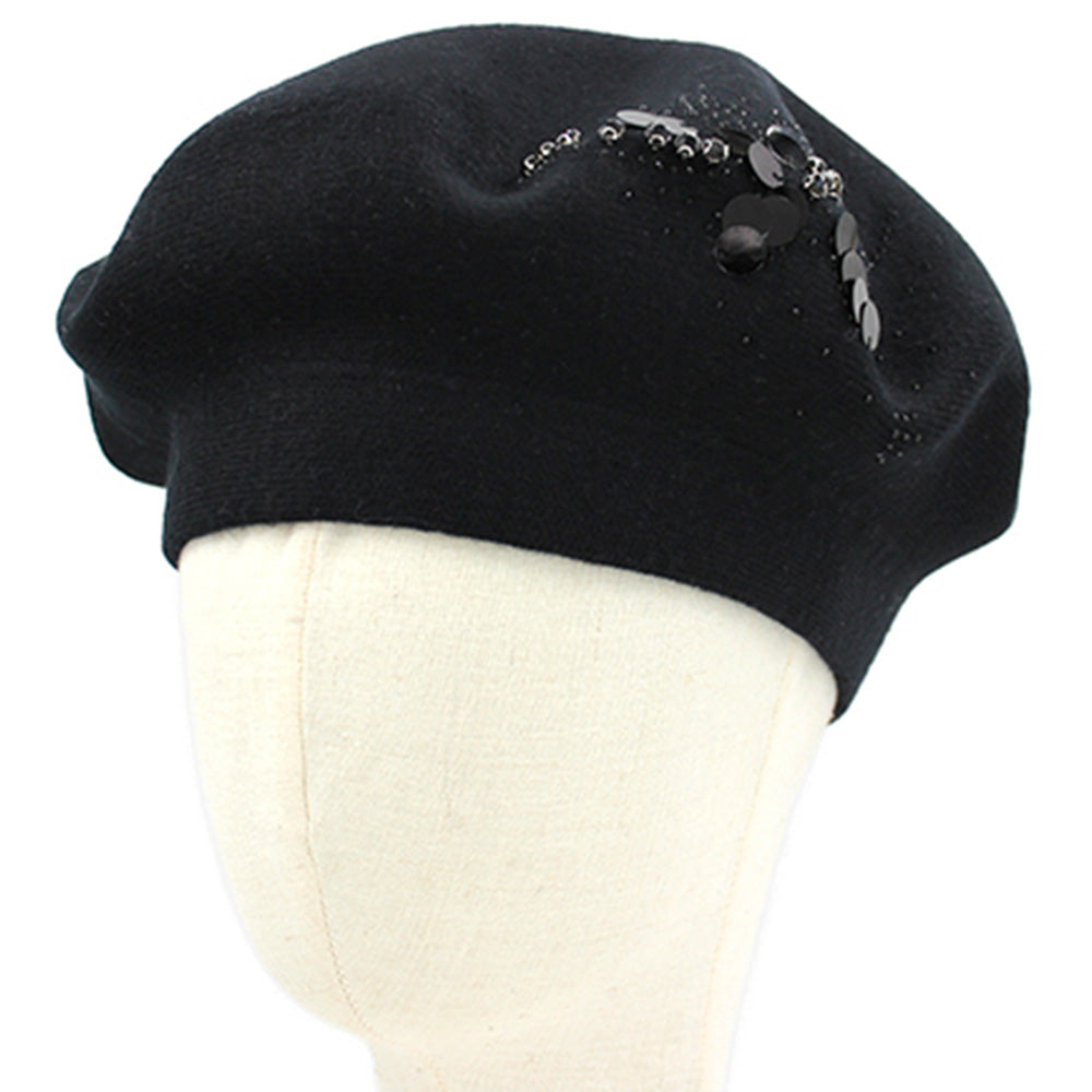 Decorative Sequin Rhinestone Embellished Winter Beret Hat