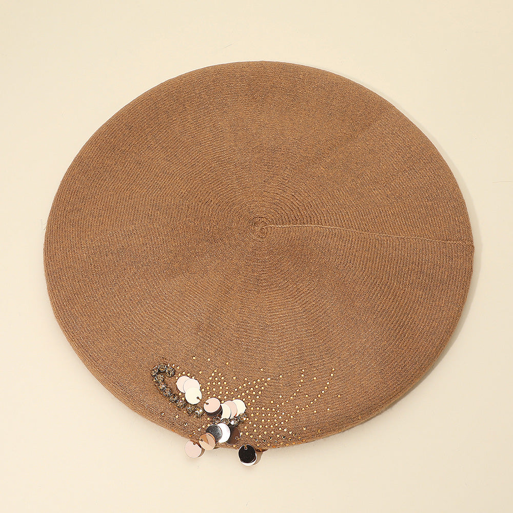 Decorative Sequin Rhinestone Embellished Winter Beret Hat