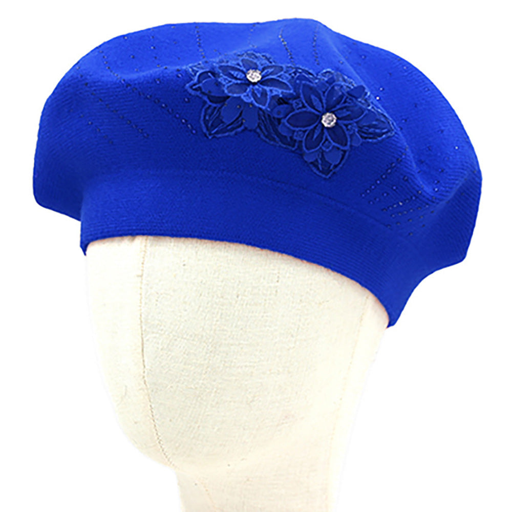 Floral Applique Accent Winter Beret Hat