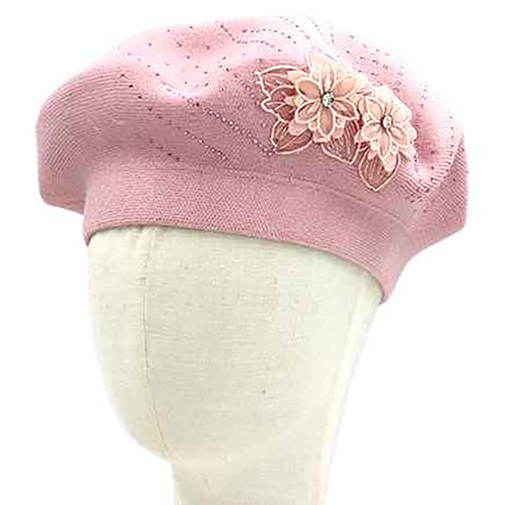 Floral Applique Accent Winter Beret Hat