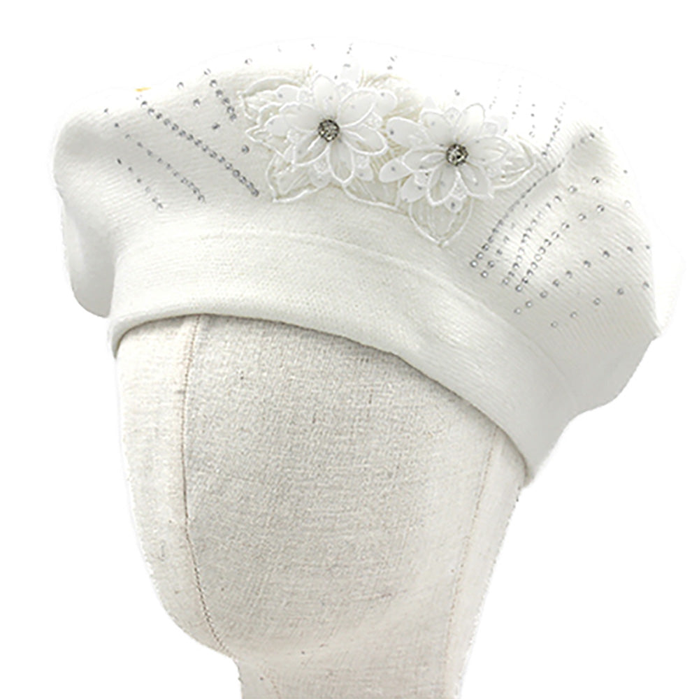 Floral Applique Accent Winter Beret Hat