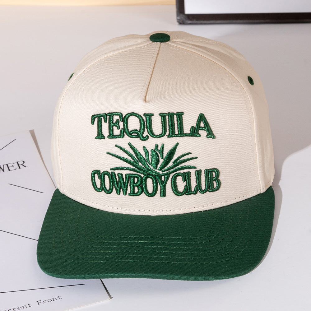 TEQUILA COWBOY Message Embroidered Five Panel Canvas Snapback Baseball Cap