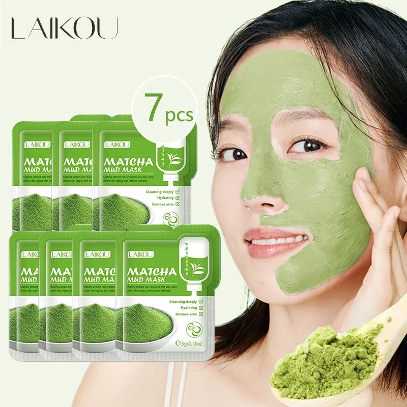 LAIKOU 7pcs Matcha Green Clay Mud Face Mask  Night Facial Packs dark circle Moisturize Mask for facecare