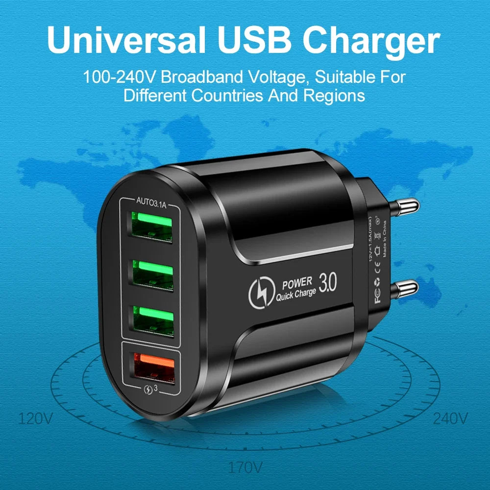3in1 Cable 45W USB Charger Fast Charge QC 3.0 Wall Charging For iPhone 14 13 Samsung Xiaomi Mobile EU US Plug Adapter Travel