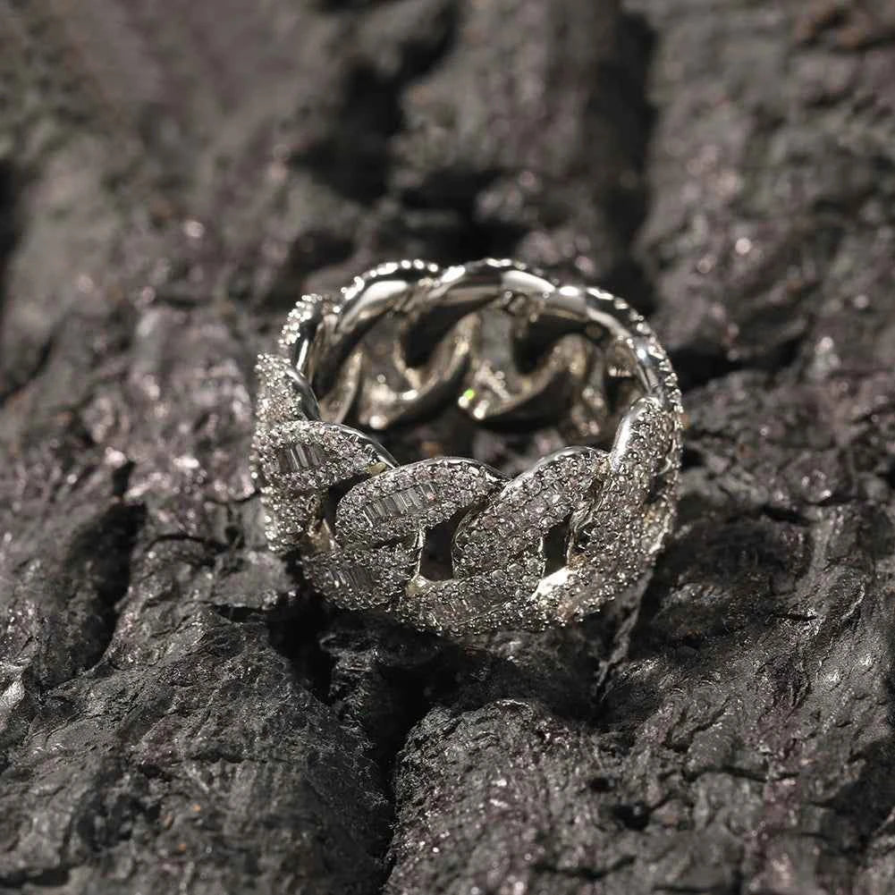 Cuban Link Rings Iced Out Baguettes Ring Men Cubic Zircon
