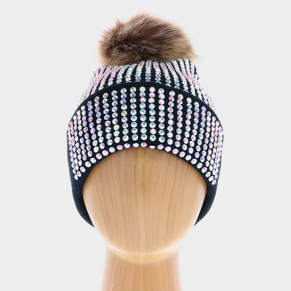 Double Layer Bedazzled Cuffed Pom Pom Beanie Hat