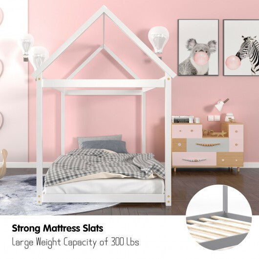 Stable Kids Platform Floor Bed with Roof and Heavy-Duty Slats-Gray