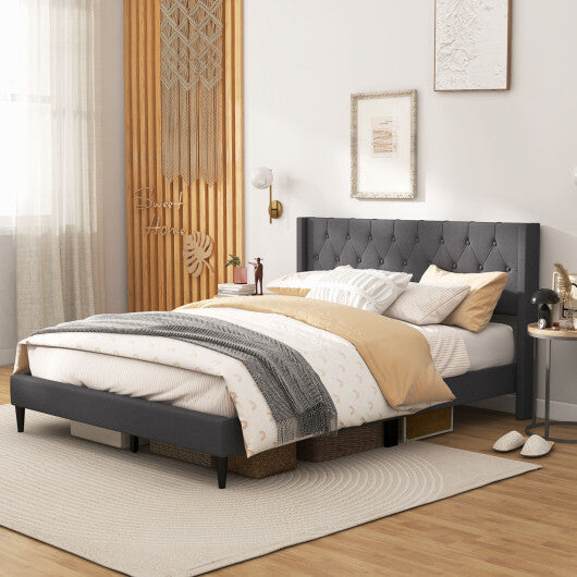 Queen Size Upholstered Platform Bed with Button Tufted Wingback Headboard-Blue