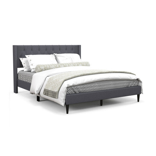 Queen Size Upholstered Platform Bed with Button Tufted Wingback Headboard-Blue