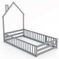 Twin Size Montessori Floor Bed with Lockable Door and Full-Length Guardrail-Gray