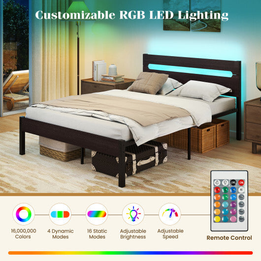 Heavy-Duty Metal Slats Support Bed Platform with Charging Station-Walunt
