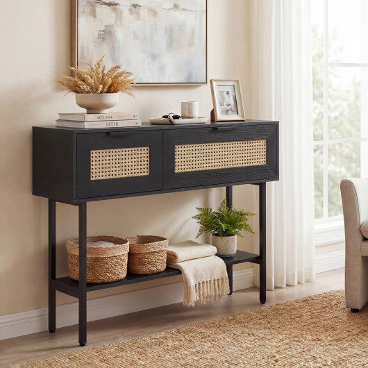 Rattan Console Table with 2 Storage Cabinets Shelf Carbon Steel Frame-Black