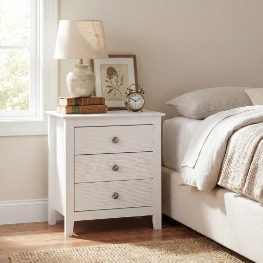 Modern Farmhouse 3-Drawer NightStand with Wood Grain Accents and Sleek Knobs-White