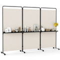 3-Panel Room Divider with Shelves 6 FT Tall Folding Privacy Screen with Lockable Wheels-White