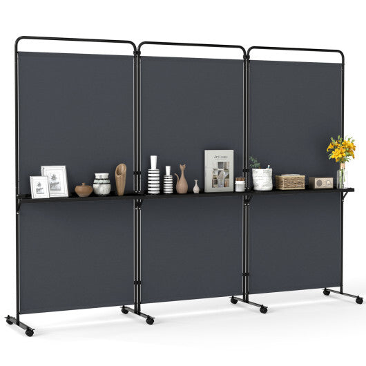 3-Panel Room Divider with Shelves 6 FT Tall Folding Privacy Screen with Lockable Wheels-White