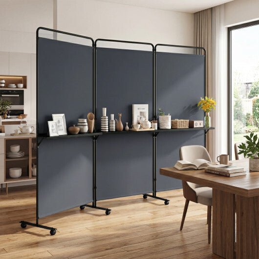 3-Panel Room Divider with Shelves 6 FT Tall Folding Privacy Screen with Lockable Wheels-White