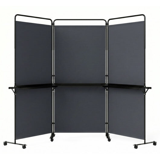 3-Panel Room Divider with Shelves 6 FT Tall Folding Privacy Screen with Lockable Wheels-White