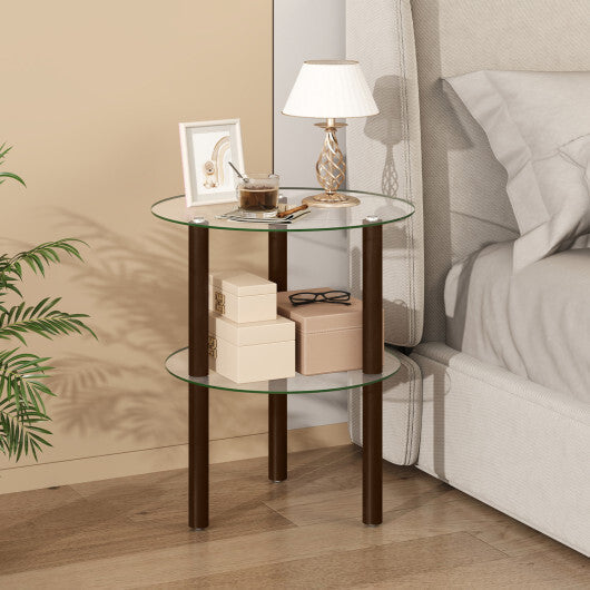 2-Tier Round End Table with Clear Tempered Glass Top and Shelf-Brown