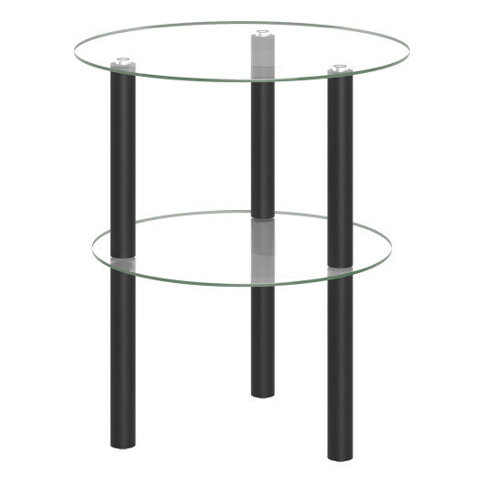 2-Tier Round End Table with Clear Tempered Glass Top and Shelf-Brown