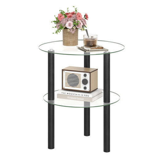 2-Tier Round End Table with Clear Tempered Glass Top and Shelf-Brown