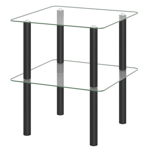 2-Tier Square End Table with Shelf and Clear Tempered Glass Top-Brown