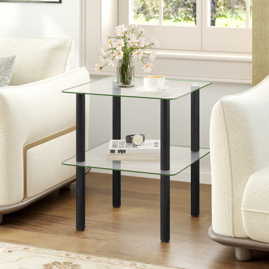 2-Tier Square End Table with Shelf and Clear Tempered Glass Top-Brown