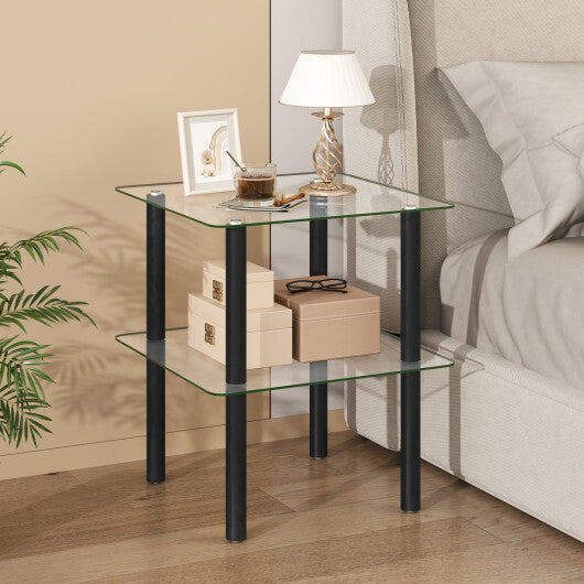 2-Tier Square End Table with Shelf and Clear Tempered Glass Top-Brown