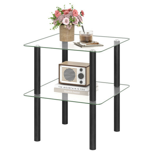 2-Tier Square End Table with Shelf and Clear Tempered Glass Top-Brown