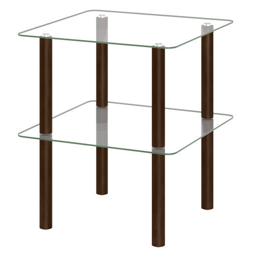 2-Tier Square End Table with Shelf and Clear Tempered Glass Top-Brown