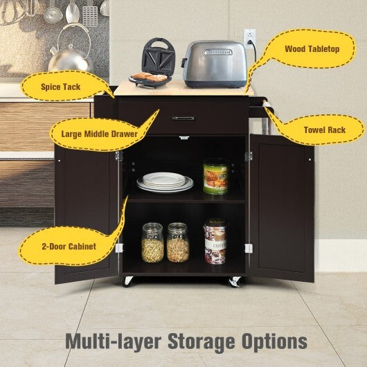 Utility Rolling Storage Cabinet Kitchen Island Cart with Spice Rack-White