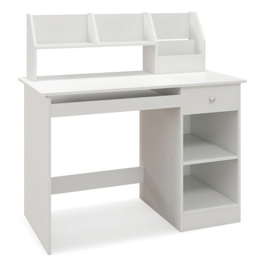 Kids Study Desk Children Writing Table with Drawer Shelves and Keyboard Tray-Natural