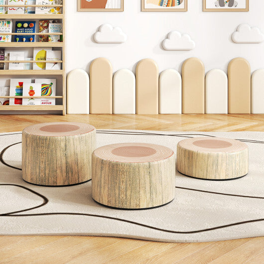 3-Piece Tree Stump Stool Set with Wood Printing Nature Decoration-Dark Walnut