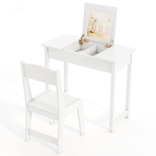 2-in-1 Kids Vanity Makeup Table and Chair Set with Flip Top Mirror-Pink