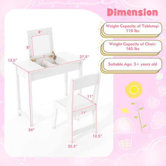 2-in-1 Kids Vanity Makeup Table and Chair Set with Flip Top Mirror-Pink