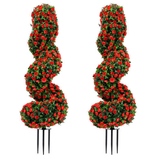 Set of 2 Artificial Spiral Topiary Trees with Sun Protection and Ground Spikes-Red