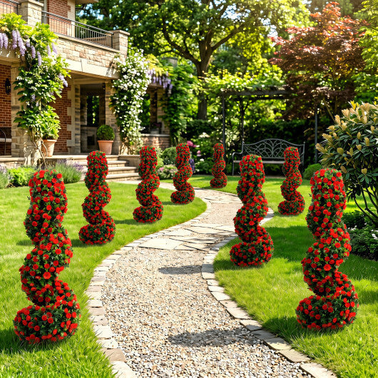 Set of 2 Artificial Spiral Topiary Trees with Sun Protection and Ground Spikes-Red