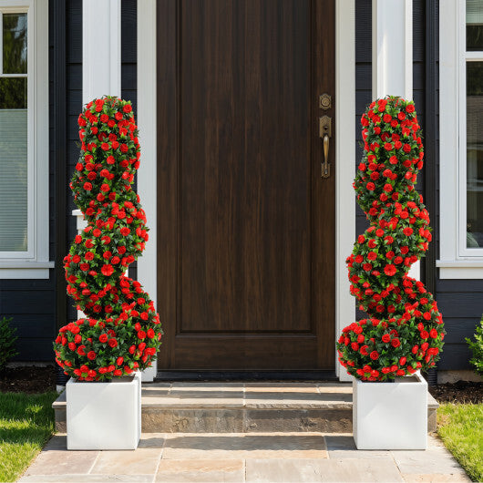 Set of 2 Artificial Spiral Topiary Trees with Sun Protection and Ground Spikes-Red