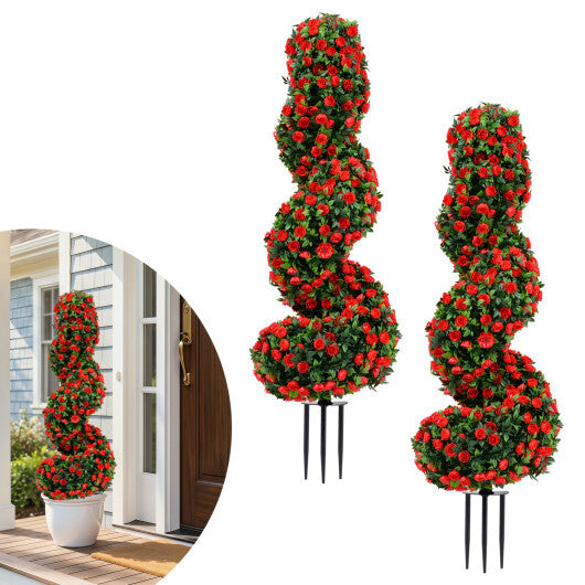Set of 2 Artificial Spiral Topiary Trees with Sun Protection and Ground Spikes-Red