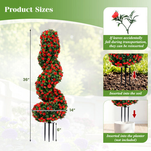 Set of 2 Artificial Spiral Topiary Trees with Sun Protection and Ground Spikes-Red