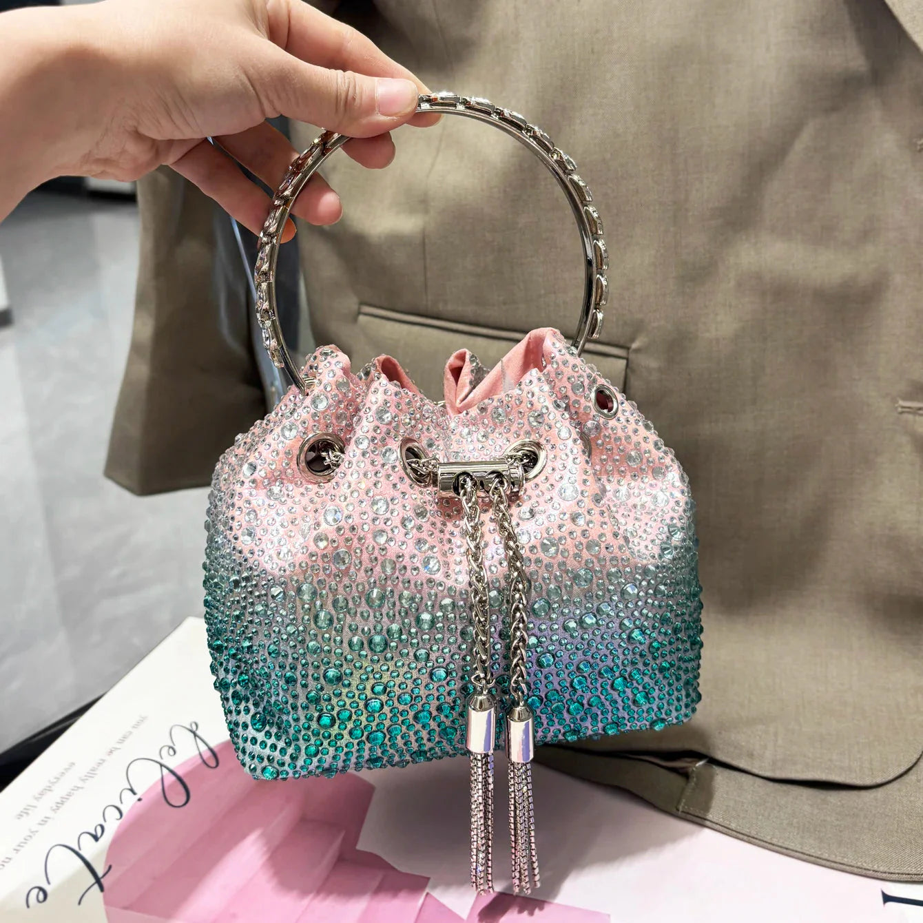 Handle Rhinestones Evening luxury clutch Purse.