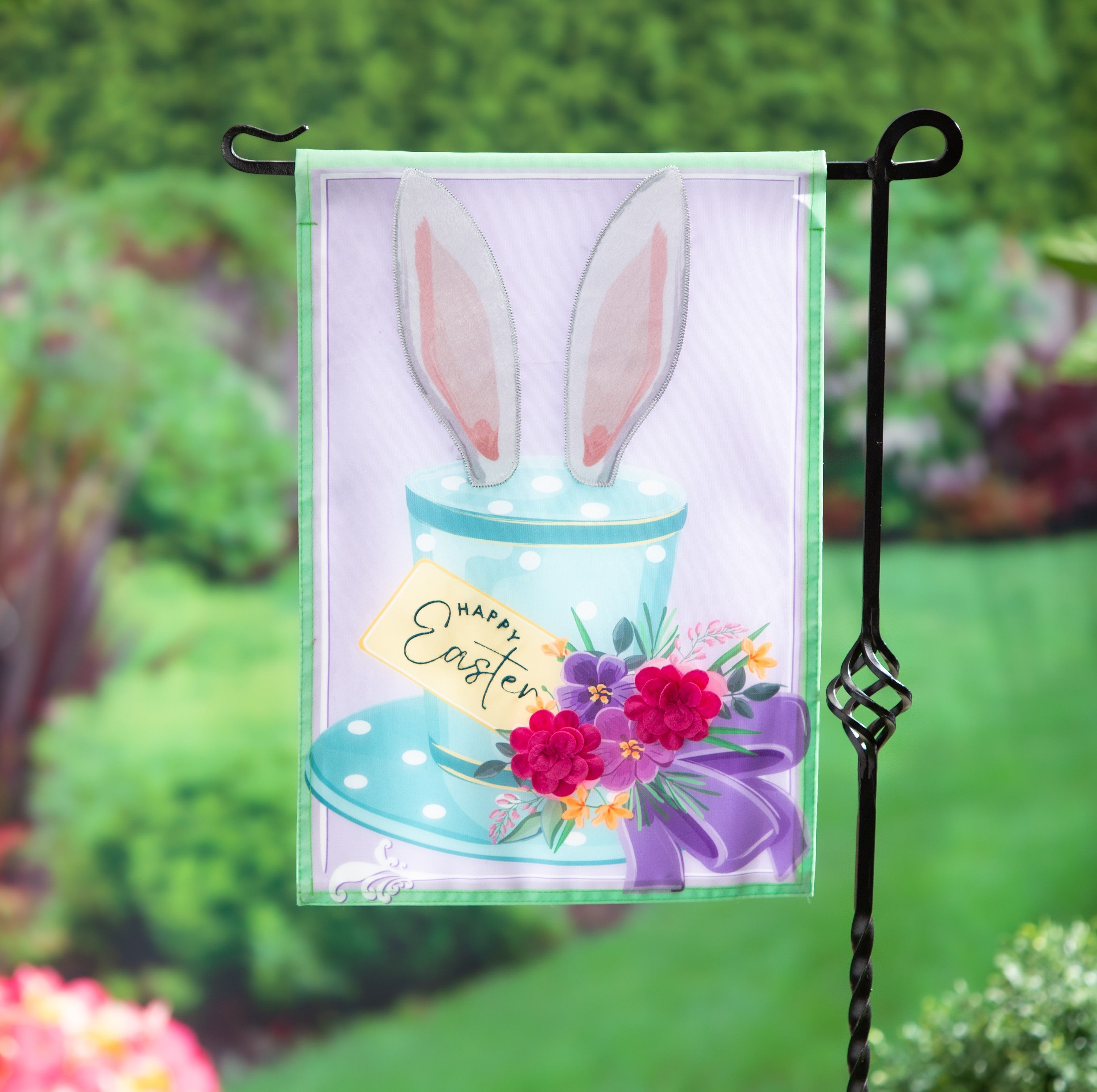 Happy Easter Floral Hat Garden Flag 2 Sided
