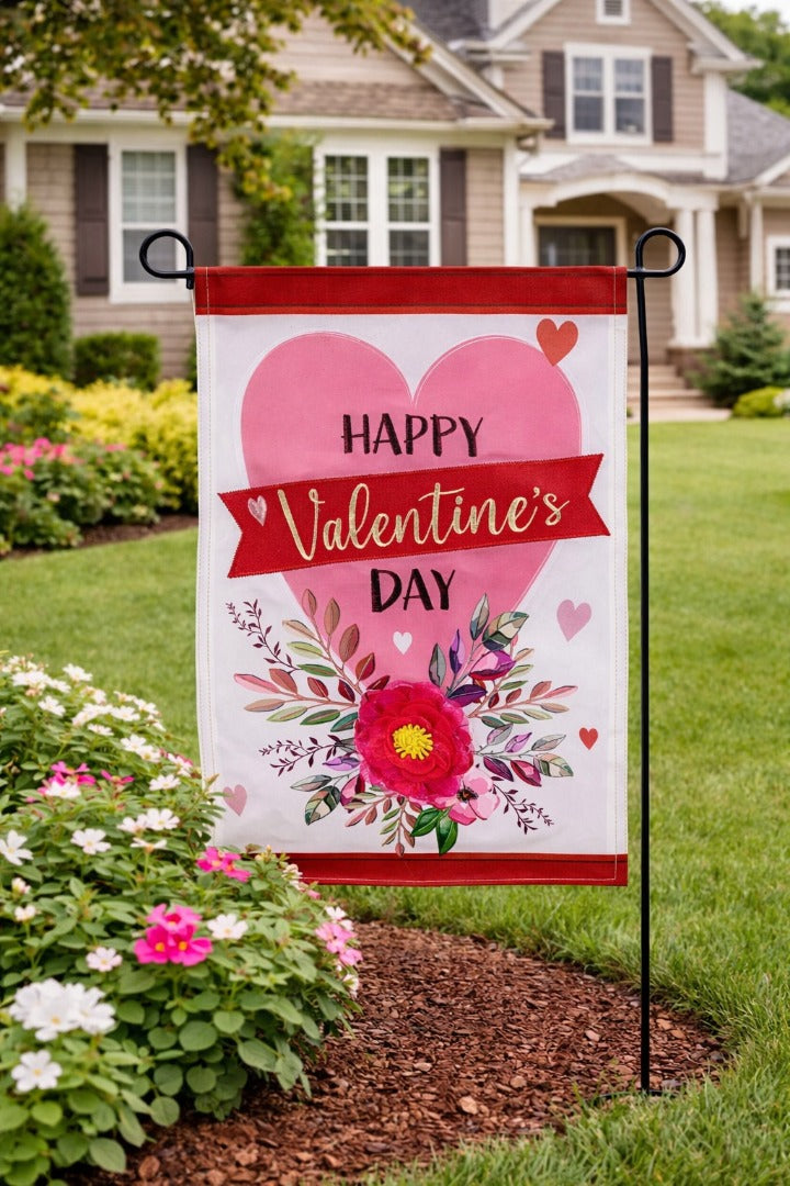 Happy Valentine's Day Heart and Floral 2 Sided Garden Flag