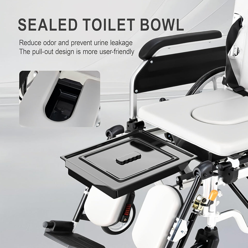 4-in-1 Heavy-Duty Wheelchair with Elevating Leg Rests & Potty - Wide Seat Transport Chair Suitable for Seniors & Adults, Recliner Wheelchair with Head/Leg Support, Brakes & -Tippers